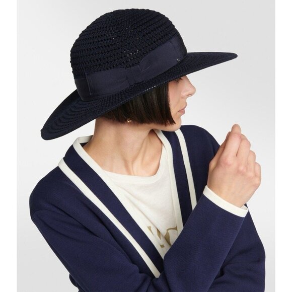 NWT GUCCI  Cotton Crochet Wide Brim Hat M Navy Blue Laerte Sz L - Picture 2 of 8
